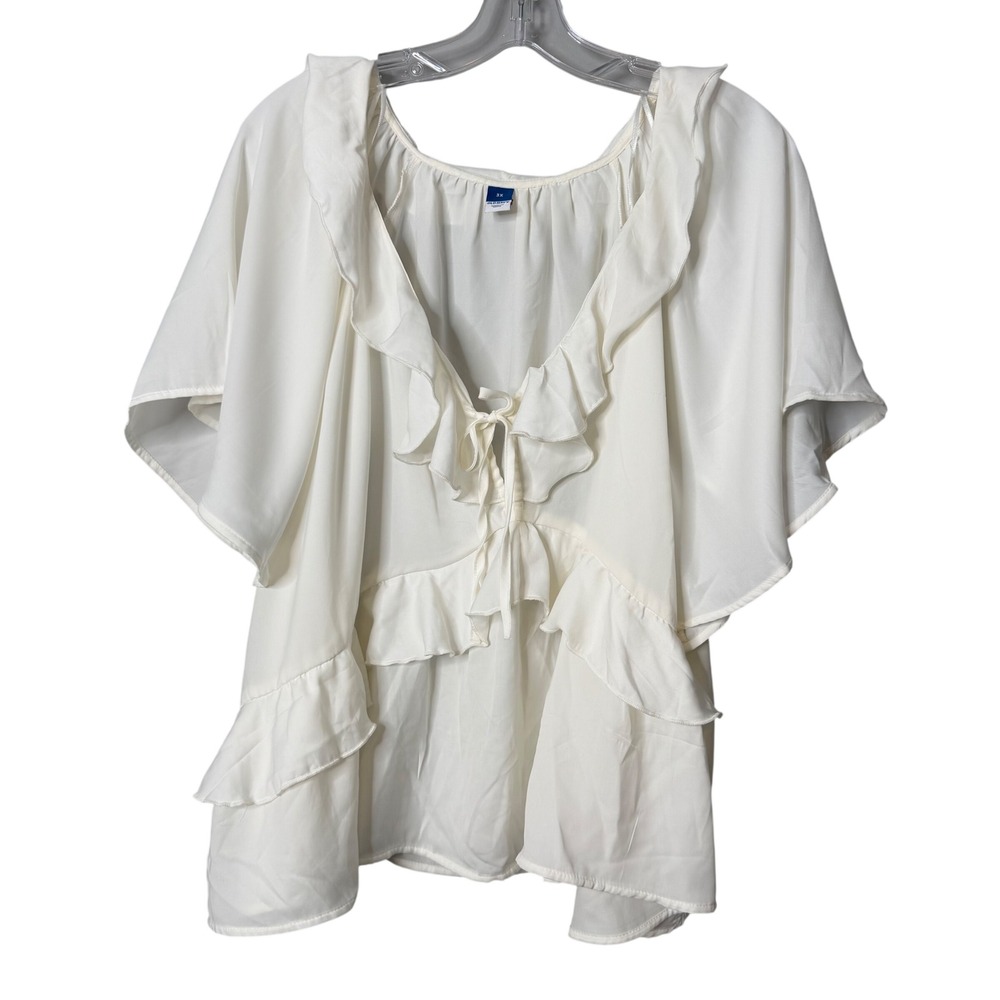 Old Navy Ruffle V-Neck Blouse Women 3X White Tie Front Butterfly Sleeve Romantic
